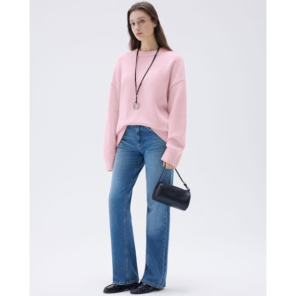 Women Cashmere Blend Oversized Crew Neck Powder Pink Soft Warm Pullover Sweater - Picture 5 of 5